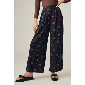 FARM Rio Anthropologie Strawberry Wide Leg Pants Black Red Size Large Boho Chic